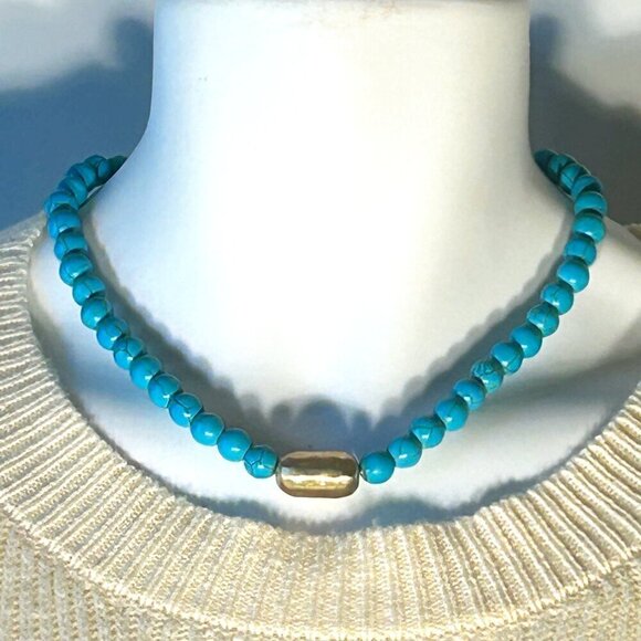 Turquoise bead necklace gold bead detail 15" (19") Boho Western Timeless Chic - Picture 1 of 6